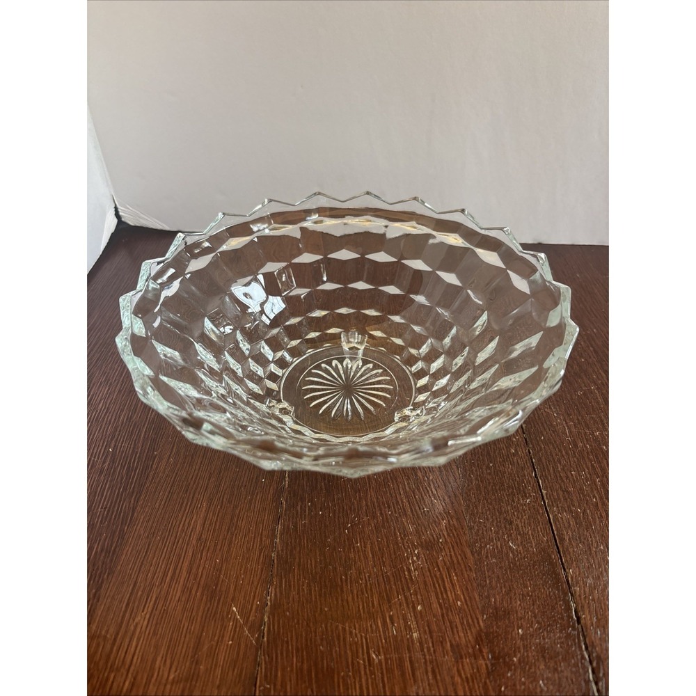 Vintage Clear Pressed Glass Footed Bowl Diamond Point Pattern Sawtooth Rim 9"